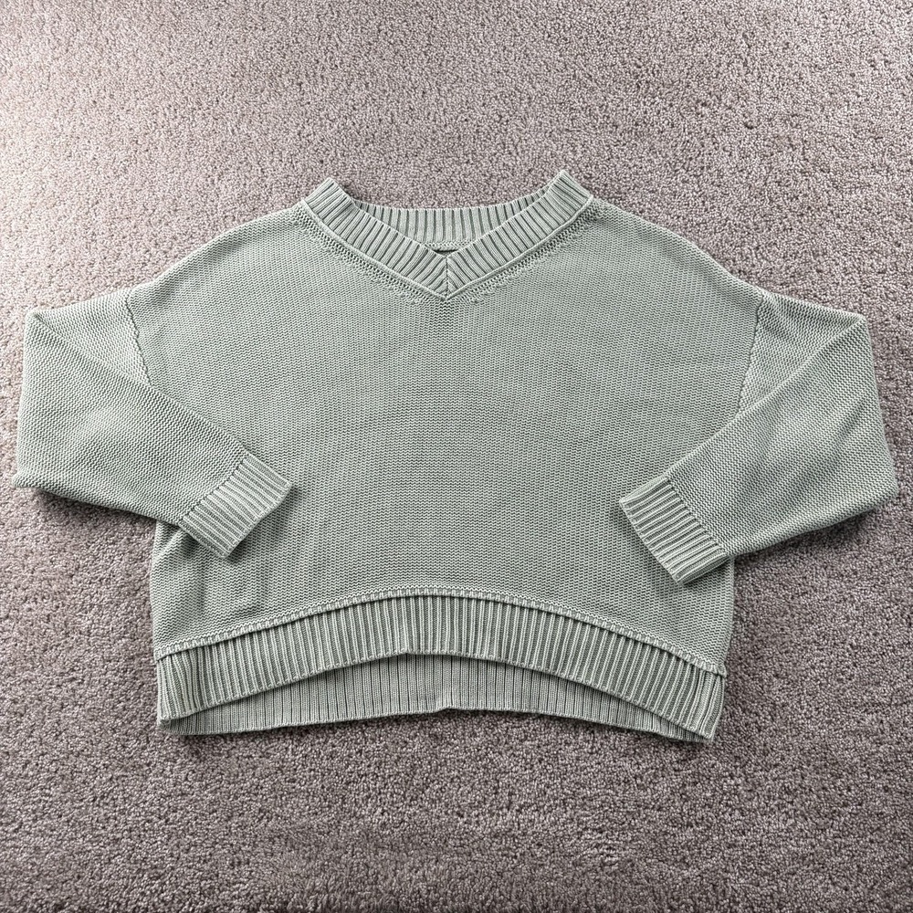 American Eagle Sweater Womens XL Green V Neck Chunky Knit Cropped Pullover